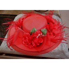 Lovely Wide Brimmed BrightRed Ladies Hat Decorated w/Flowers & Feathers Fits All  eb-94400280